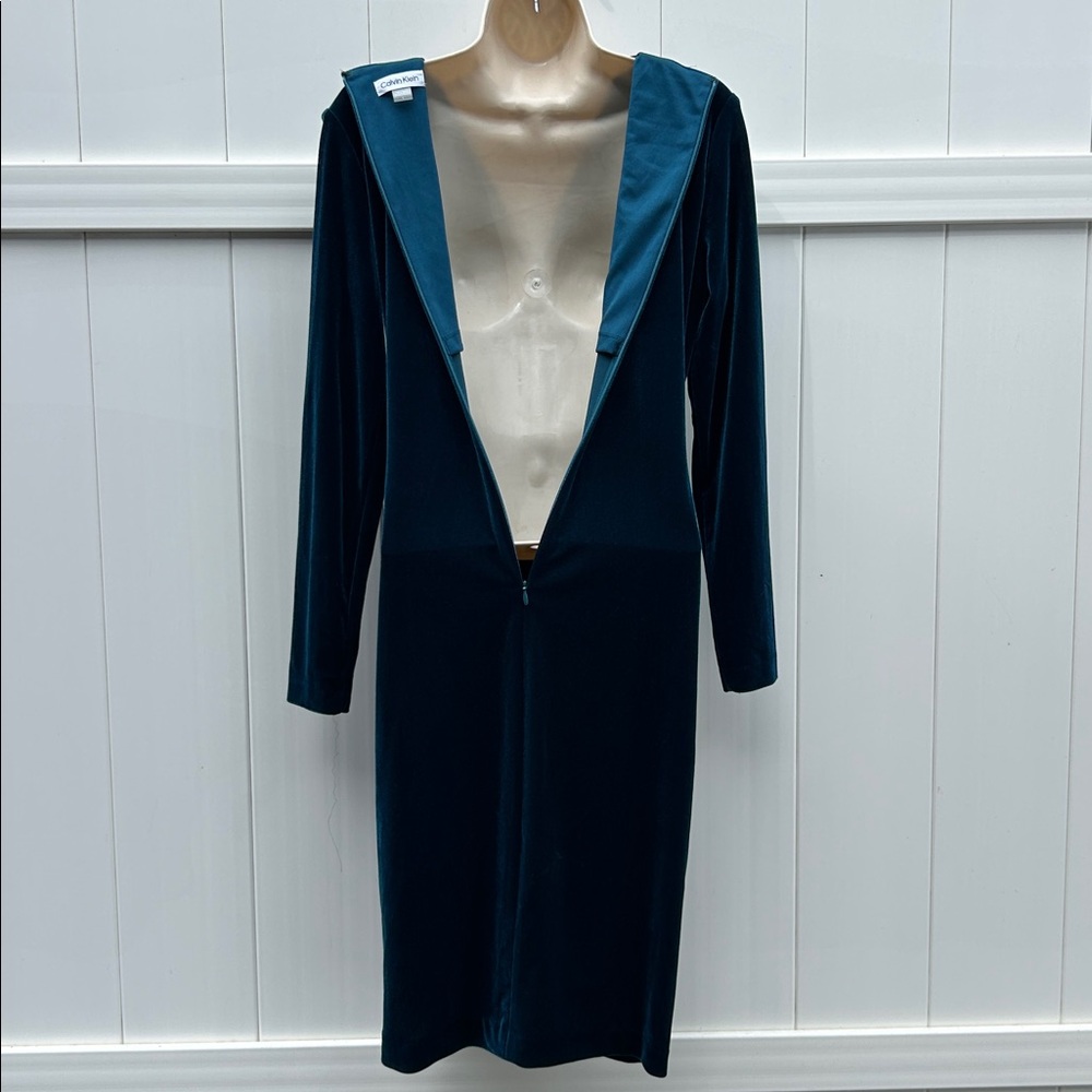 Calvin Klein Velvet V-Neck Dress Gold V-Bar Side Ruching Aquamarine Blue | Sz 8 - Picture 10 of 14
